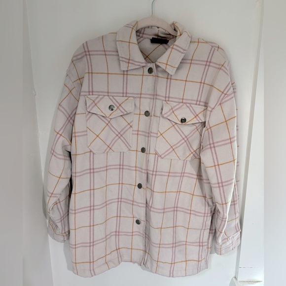 HFX Tops - A. HFX Cream and Pink Plaid Long Sleeve Button up size M